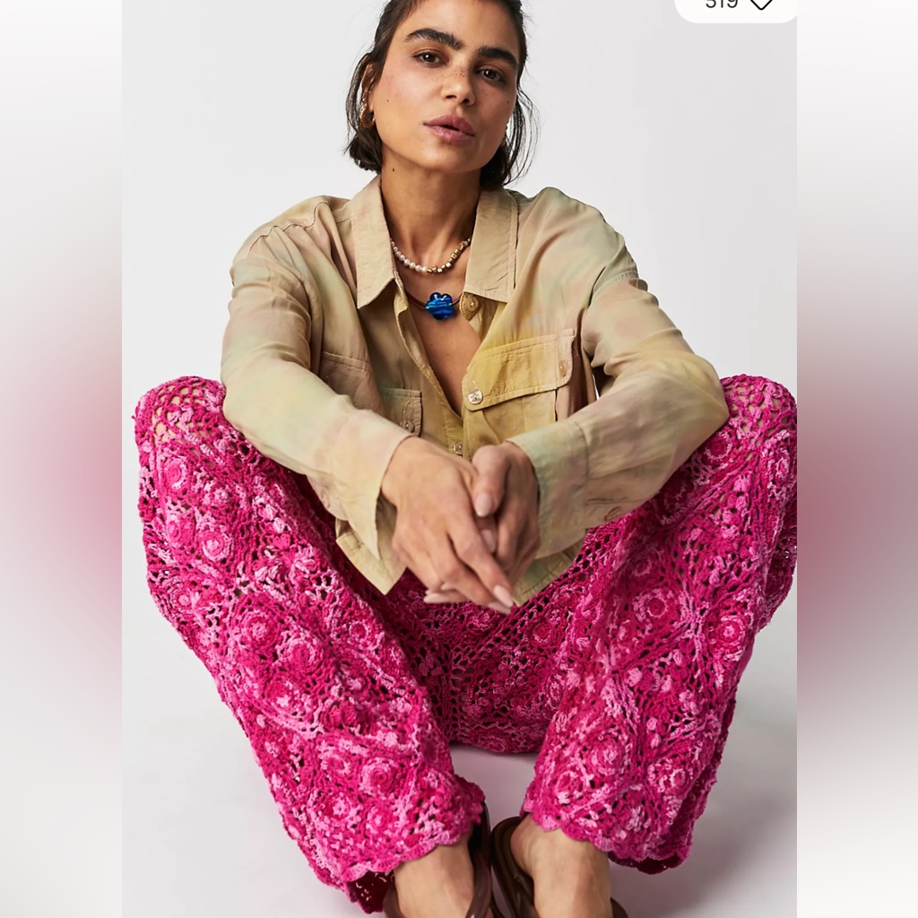 Free People Soana Crochet Trousers Ribbed Trimming Unlined Zip Fly Hot
